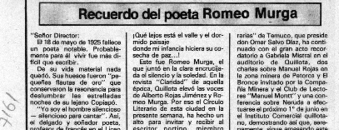 Recuerdo del poeta Romeo Murga  [artículo] Lucía Lezaeta.