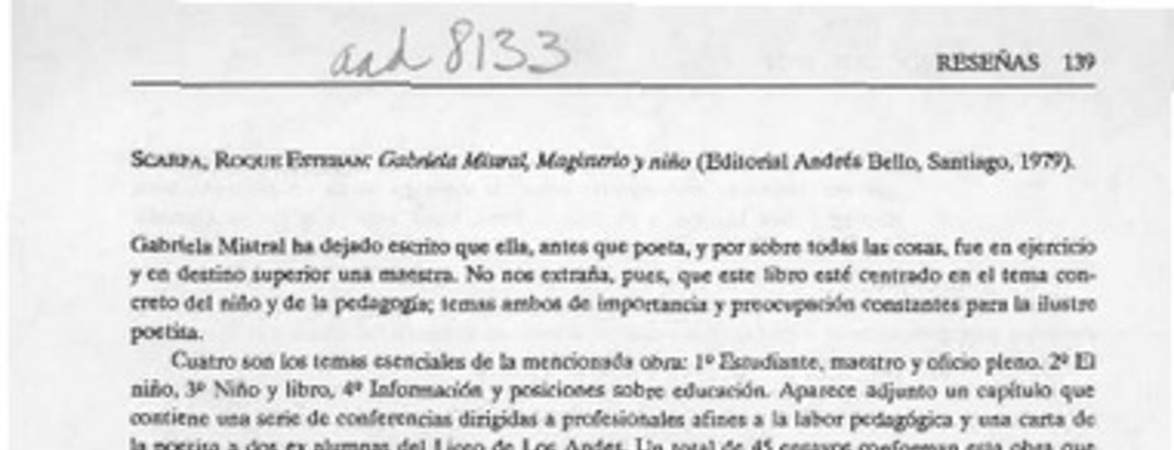 Gabriela Mistral, magisterio y niño  [artículo] Patricia Guerrero Baeza.