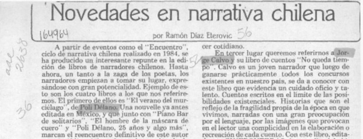 Novedades en narrativa chilena  [artículo] Ramón Díaz Eterovic.