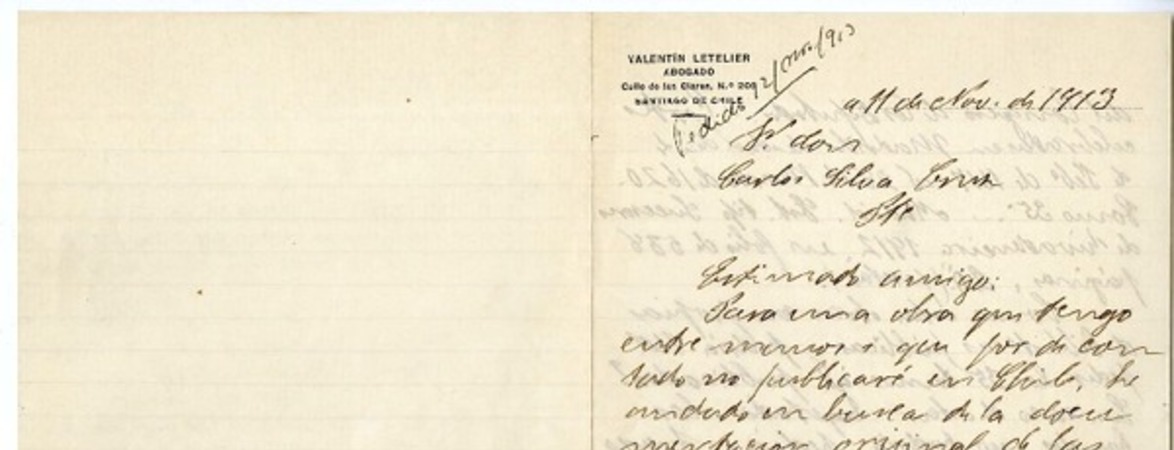 [Carta] 1913 noviembre 11, Santiago, Chile [a] Carlos Silva Cruz.