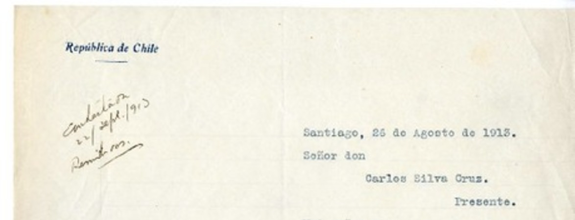 [Carta] 1913 agosto 26, Santiago, Chile [a] Carlos Silva Cruz