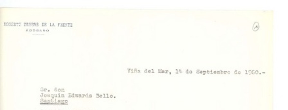 [Carta] 1960 sep. 14, Viña del Mar, Chile [a] Joaquín Edwards Bello