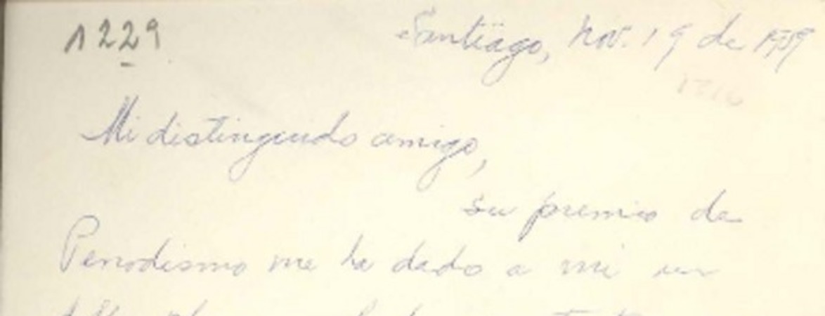[Tarjeta] 1959 noviembre 19, Santiago, [Chile] [a] Joaquín Edwards Bello