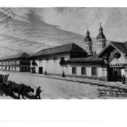 [Calle Alameda con San Ignacio. Se divisa una carreta de bueyes, y dos torres de iglesia]