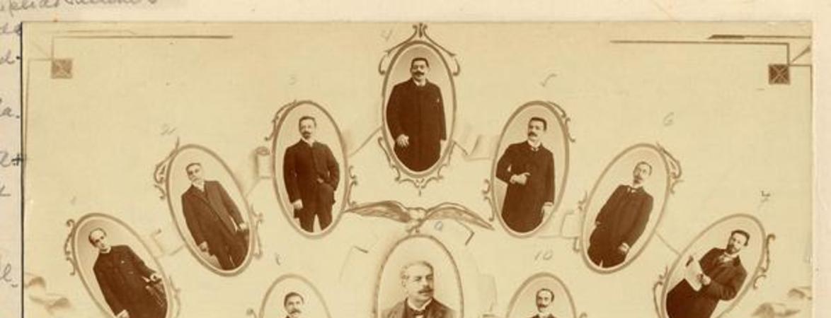 [Retratos de varios hombres, en marcos ovalados, correspondientes al personal de la "Biblioteca Nacional", destacando Luis Montt, director en 1906 y Ramón Laval Alvear]