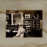 [Hombre sentado frente a su escritorio, de madera noble, divido en gavetas; alrededor de la habitación, cuadros y anaqueles que exhiben minerales]