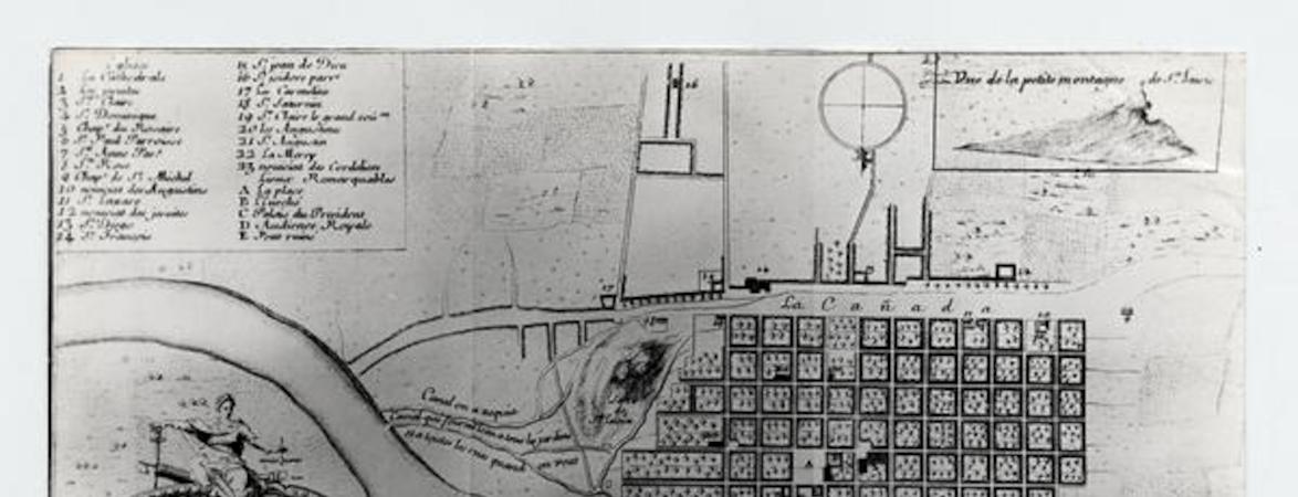 Plan de la Ville de Santiago, Capitale du Royaune de Chili : scituée par 33d. 40'de lati.de australe a 28 lieues du port de Valparaisso dans la Mer du Sud
