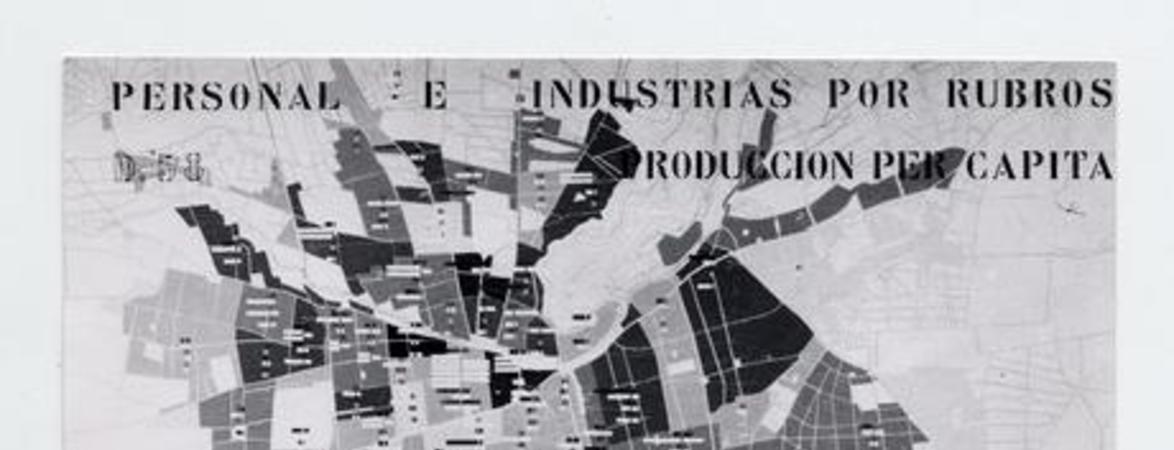 [Croquis de un Plano de catastro industrial]: Personal e industrias por rubros, Producción Per Cápita: Rendimiento de Produc. Anual por Persona Activa en la Industria Promedio por Distrito; Resumen del Gran Santiago, Personal Ocupado y Número de Establecimientos Industriales, Santiago 1952