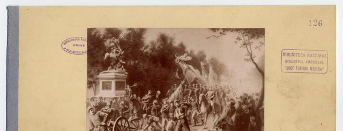 [Alegoría de la entrada del Ejército Constitucional a Santiago en 1891, se distinguen el General del Canto, Jorge Montt entre otros militares]