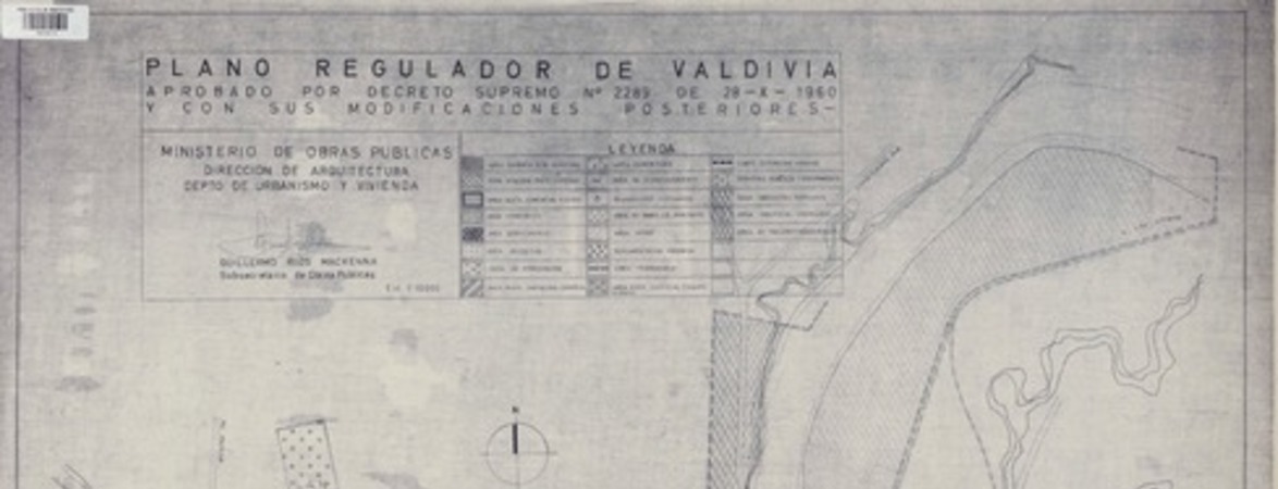 Plano regulador de Valdivia aprobado por Decreto Supremo N°2289 de 28-x-1960 y con sus modificaciones posteriores [material cartográfico] : Ministerio de Obras Públicas Dirección de Arquitectura Depto. de Urbanismo y Vivienda.