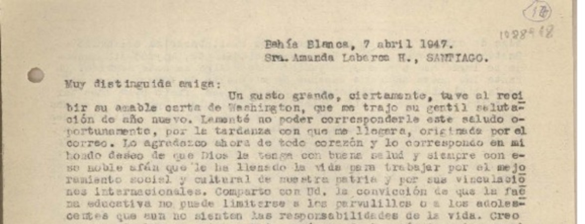 [Carta] 1947 abril 7, Bahía Blanca, Argentina [a] Amanda Labarca, Santiago, [Chile]