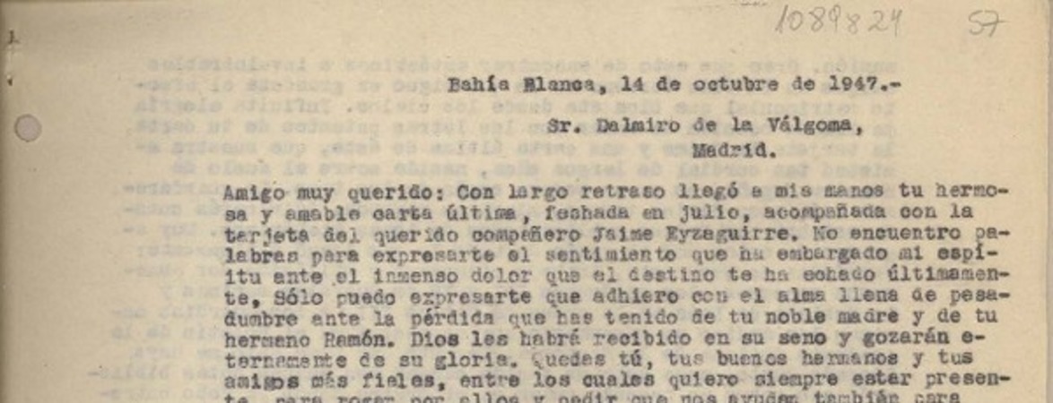 [Carta] 1947 octubre 14, Bahía Blanca, Argentina [a] Dalmiro de la Válgoma, Madrid [España]