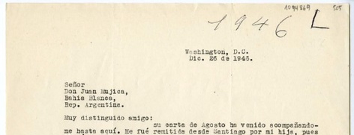 [Carta] 1946 diciembre 26, Washigton D.C. [a] Juan Mujica de la Fuente, Bahía Blanca, Argentina