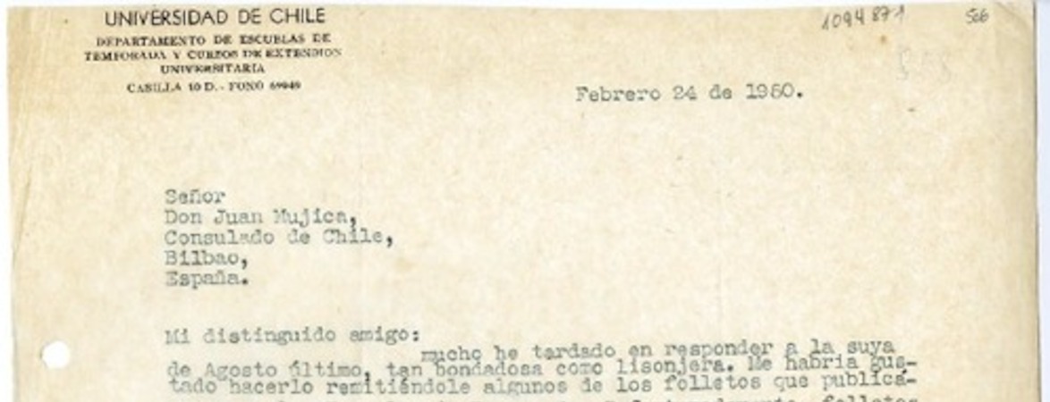 [Carta] 1950 febrero 24, Santiago, Chile [a] Juan Mujica de la Fuente, Bilbao, España