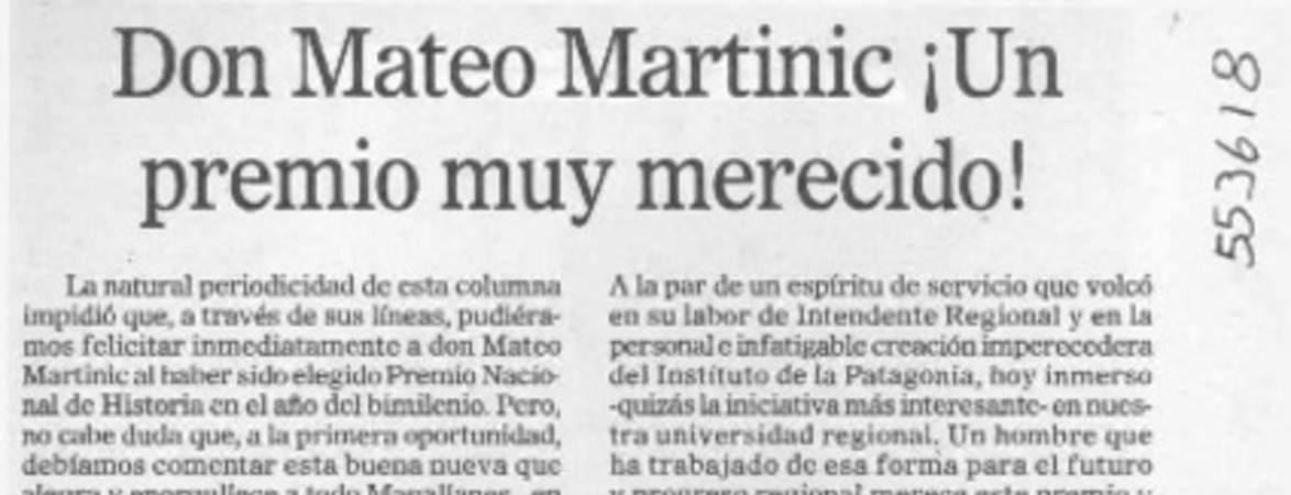 Don Mateo Martinic, Un premio muy merecido!  [artículo]