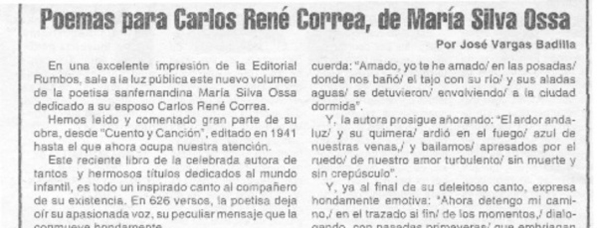 Poemas para Carlos René Correa, de María Silva Ossa