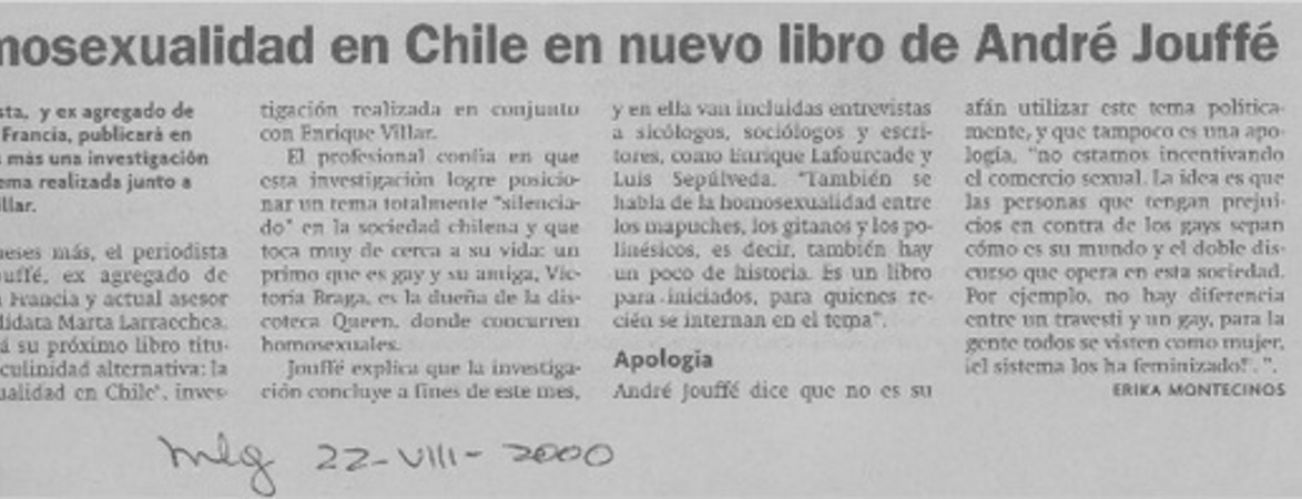 Homosexualidad en Chile en nuevo libro de André Jouffé  [artículo] Erika Montecinos