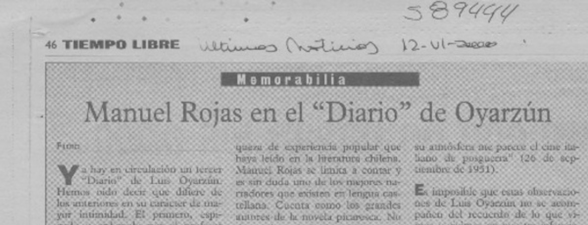 Manuel Rojas en el "Diario" de Oyarzún  [artículo] Filebo