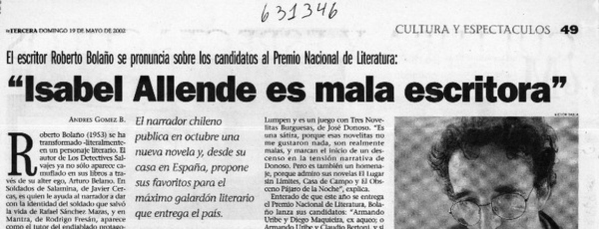 "Isabel Allende es mala escritora"  [artículo] Andrés Gómez B.