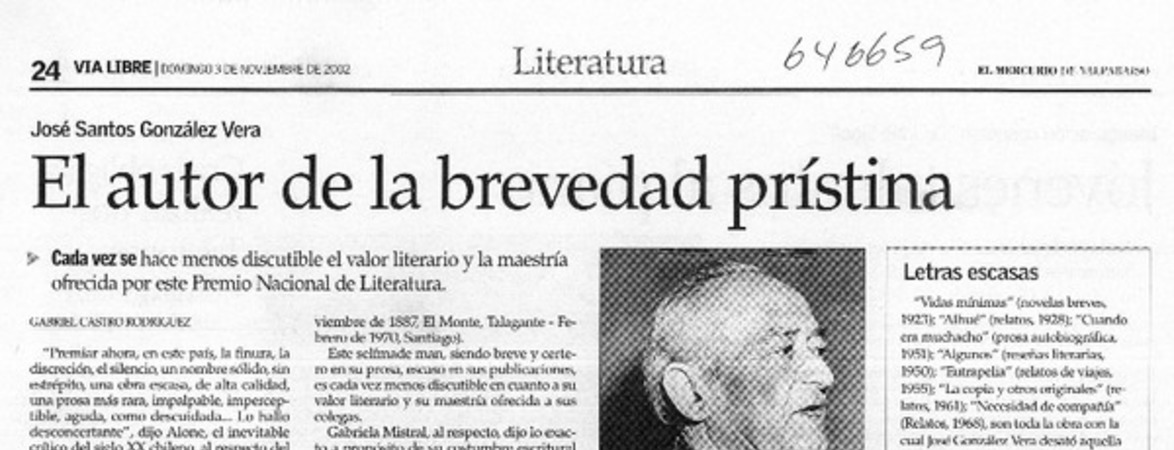 El autor de la brevedad prítina  [artículo] Gabriel Castro Rodríguez