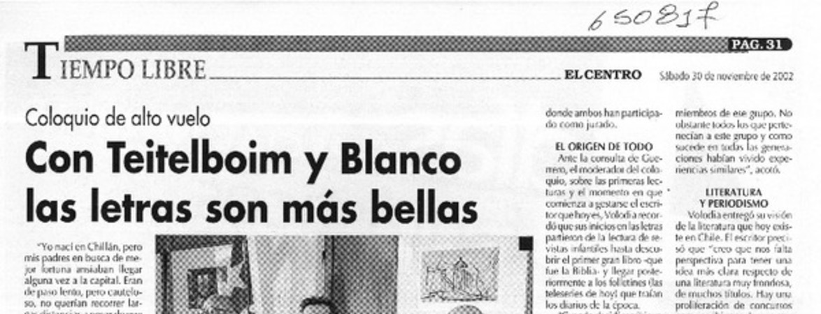 Con Teitelboim y Blanco las letras son más bellas  [artículo] Manuel Herrera
