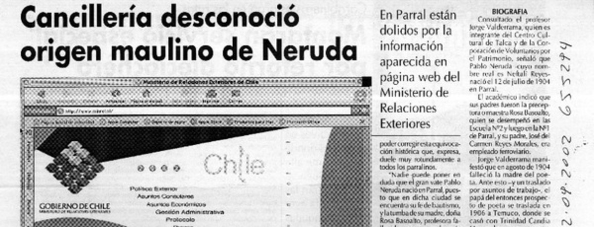 Cancillería desconoció origen maulino de Neruda  [artículo] Pablo Bravo