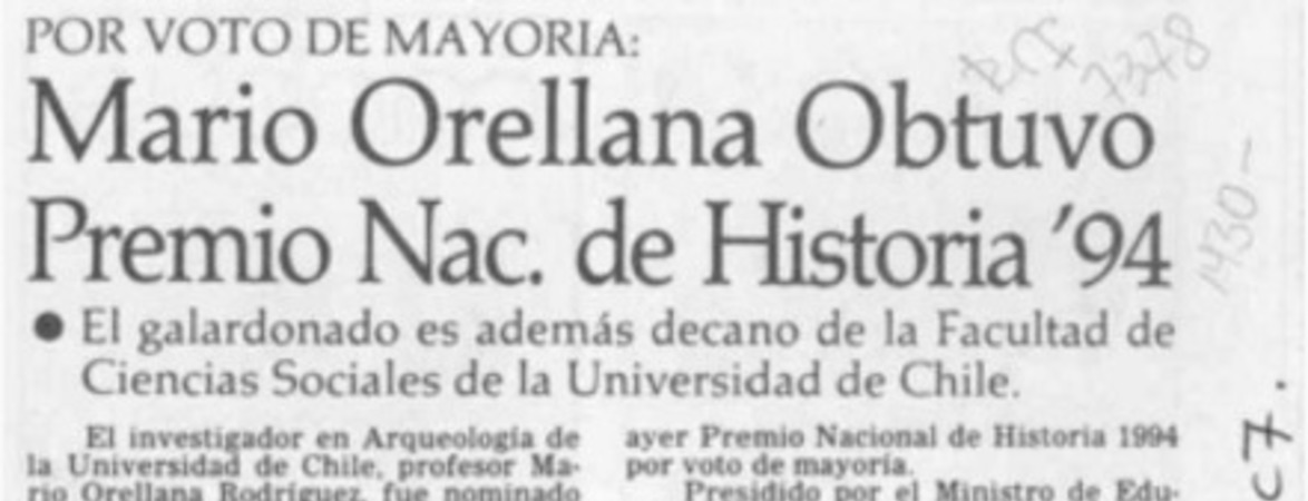 Mario Orellana obtuvo Premio Nac. de Historia '94  [artículo].