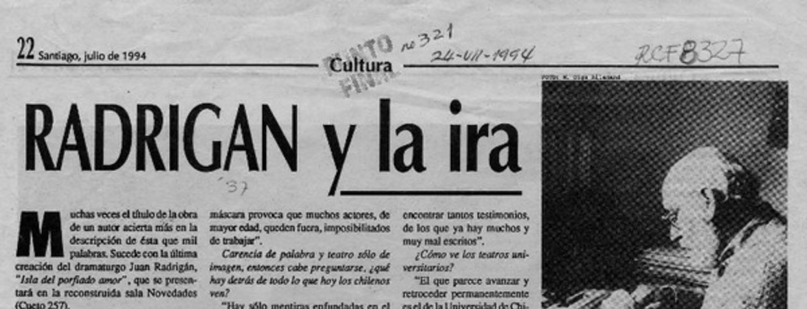 Radrigán y la ira  [artículo] Carlos Mella.