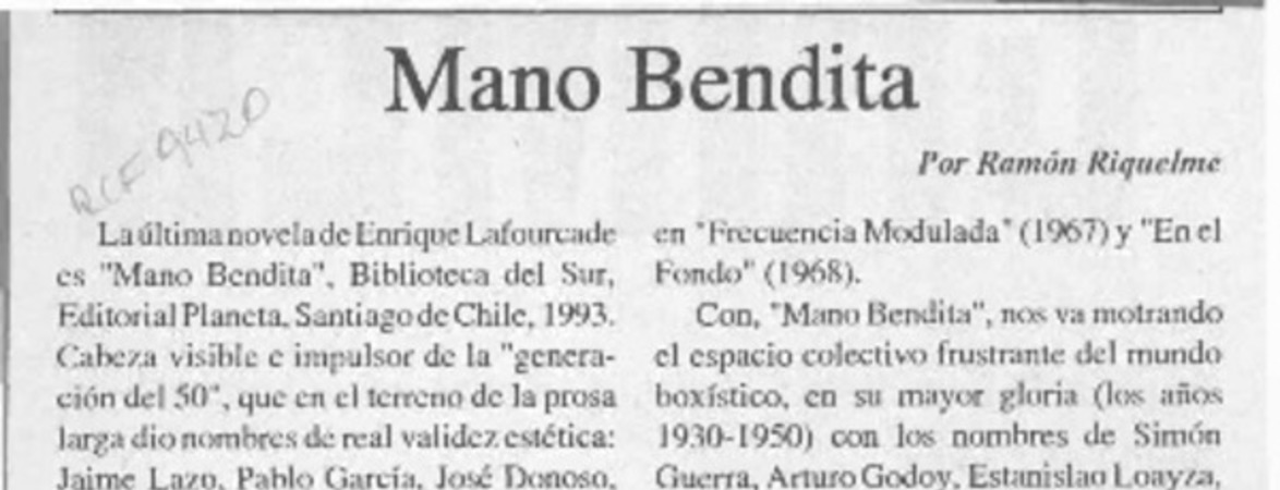 Mano Bendita  [artículo] Ramón Riquelme.
