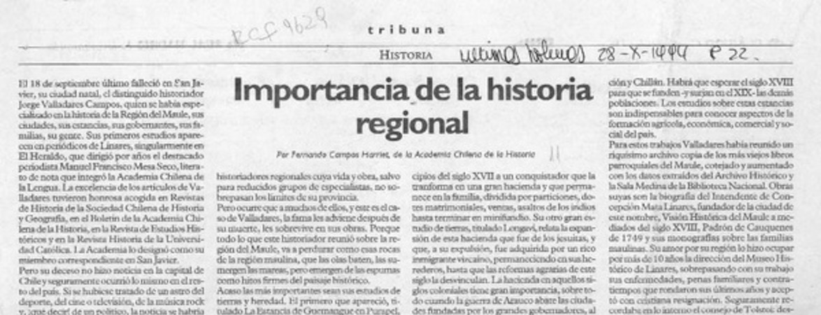 Importancia de la historia regional  [artículo] Fernando Campos Harriet.