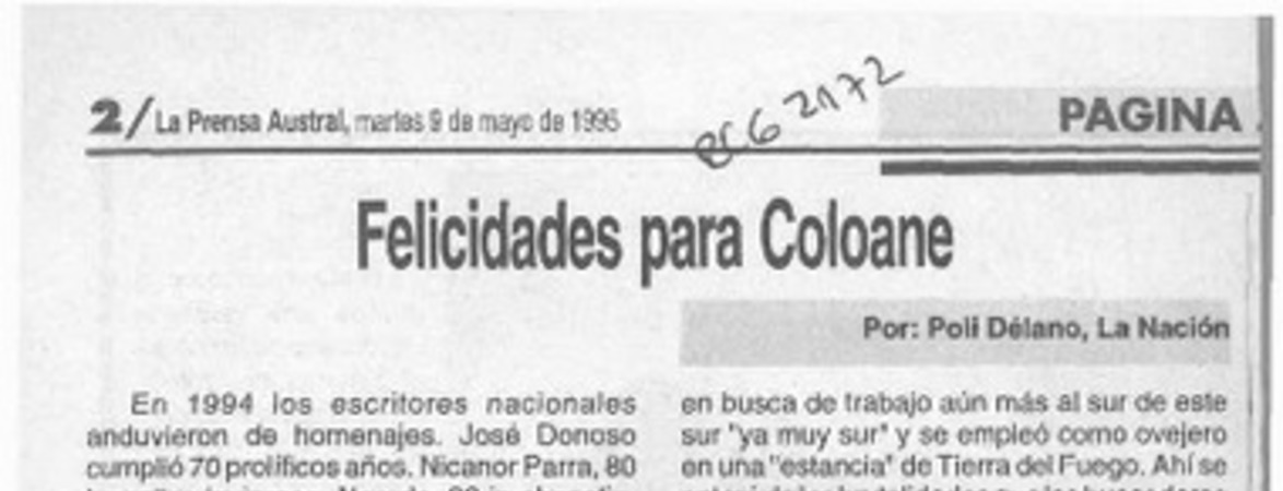 Felicidades para Coloane  [artículo] Poli Délano.