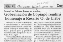 Gobernación de Copiapó rendirá homenaje a Rosario O. de Uribe  [artículo].