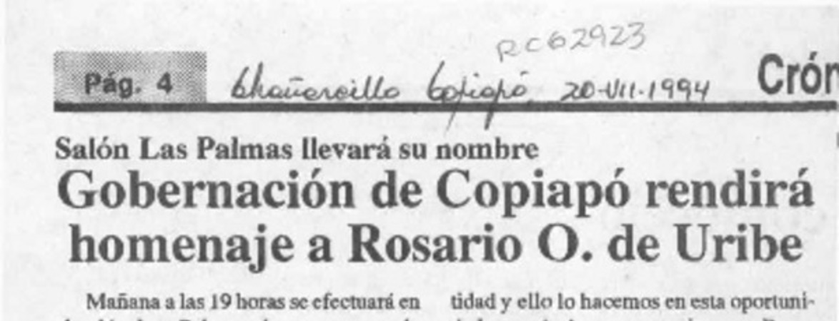 Gobernación de Copiapó rendirá homenaje a Rosario O. de Uribe  [artículo].