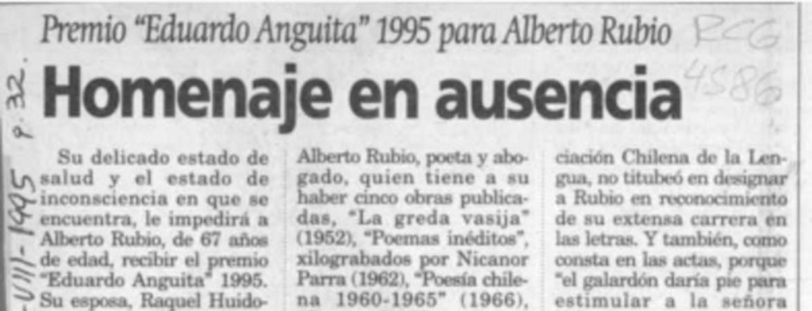 Homenaje en ausencia  [artículo] Claudia Sánchez R.