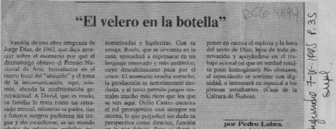 "El velero en la botella"  [artículo] Pedro Labra.
