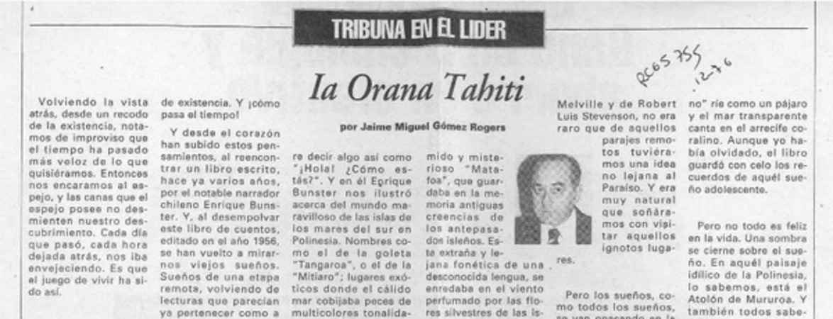 Ia Orana Tahiti  [artículo] Jaime Miguel Gómez Rogers.