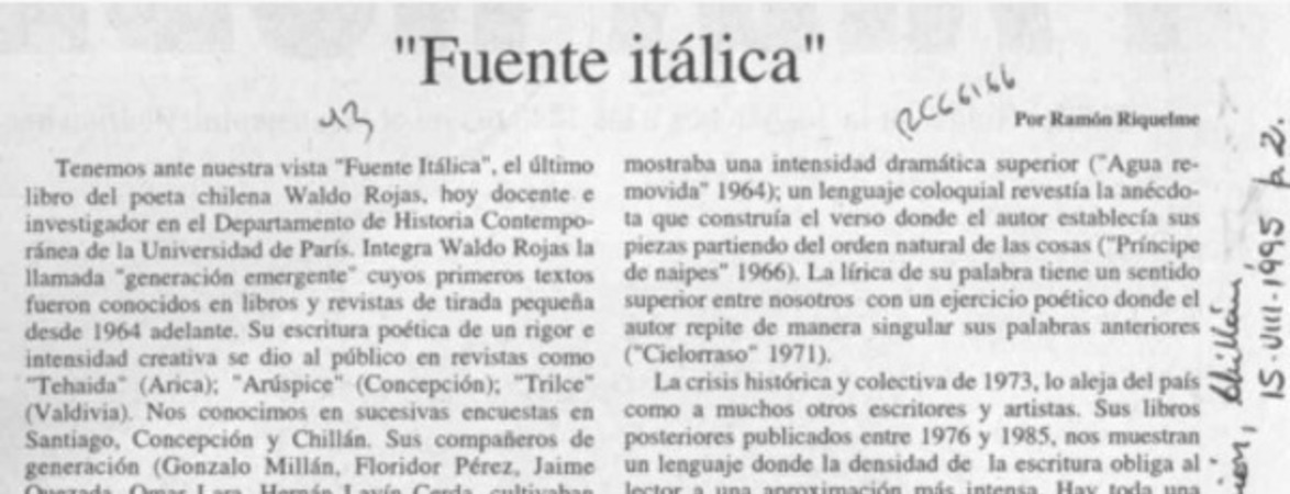 "Fuente itálica"  [artículo] Ramón Riquelme.