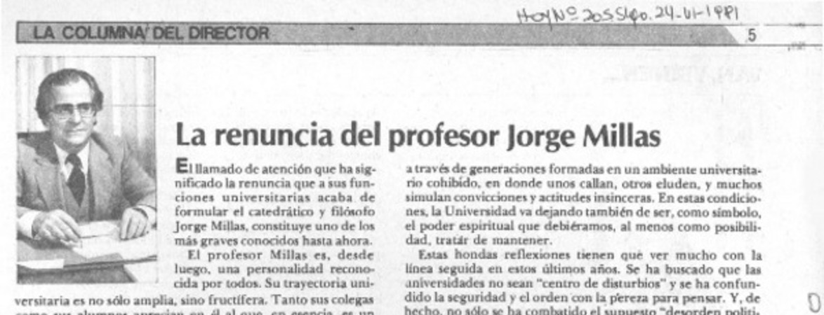 La renuncia del profesor Jorge Millas