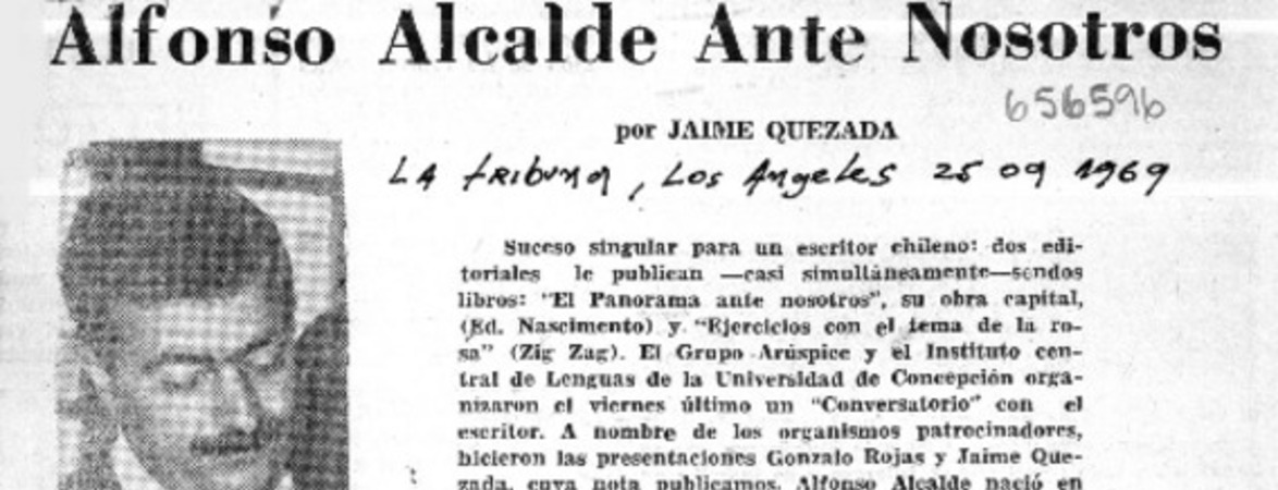 Alfonso Alcalde ante nosotros  [artículo] Jaime Quezada.