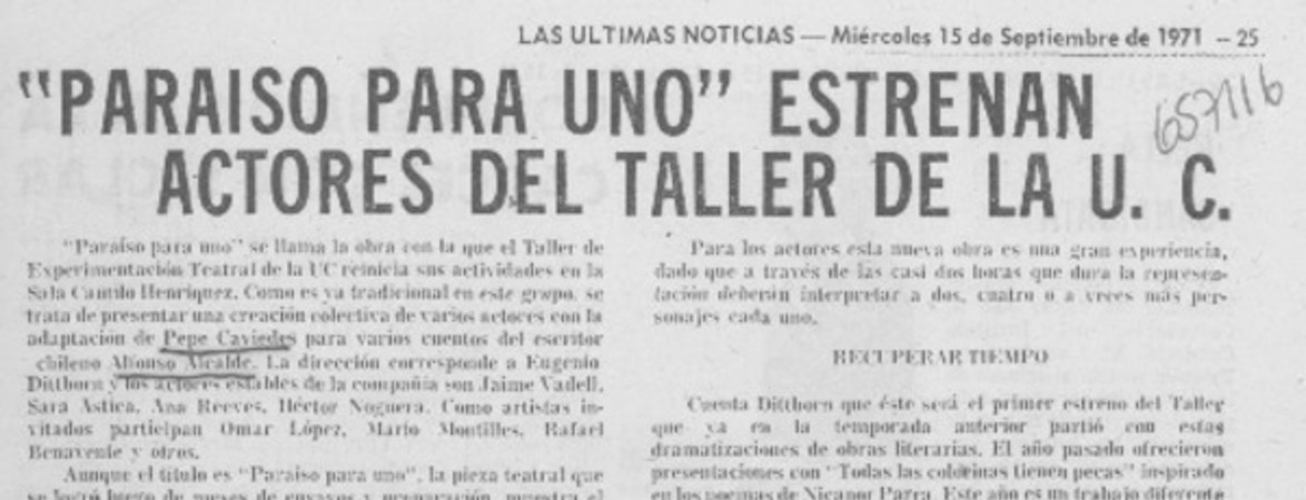 "Paraíso para uno" estrenan actores del taller de la U. C.