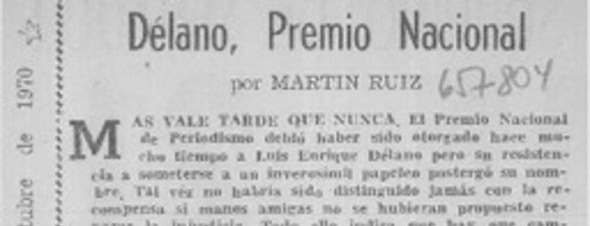 Délano, premio nacional  [artículo] Martín Ruiz.