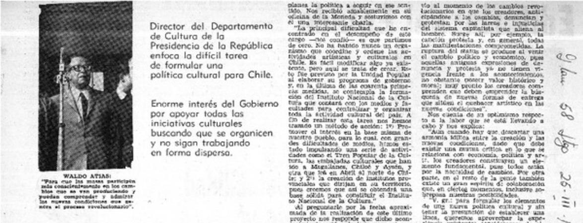 Waldo Atías y la cultura  [artículo] Tic Tac.
