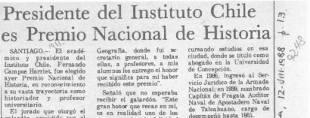 Presidente del Instituto Chile es Premio Nacional de Historia  [artículo].