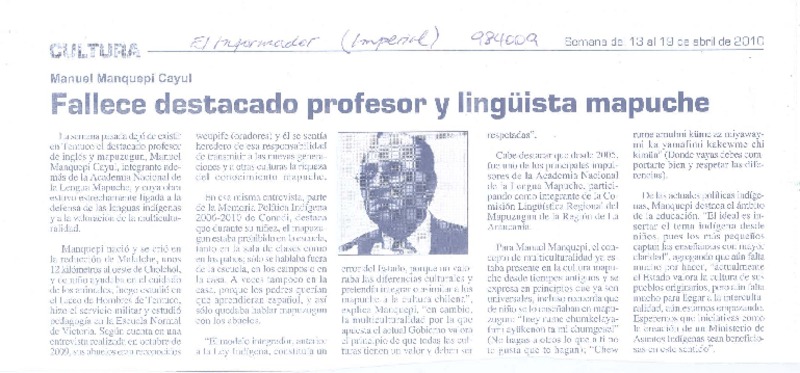 Fallece destacado profesor y lingüista mapuche