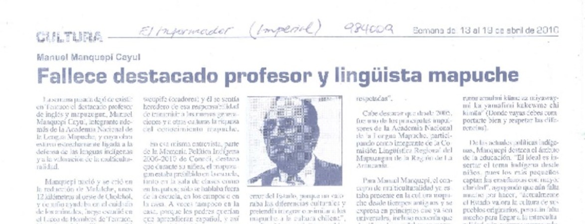 Fallece destacado profesor y lingüista mapuche