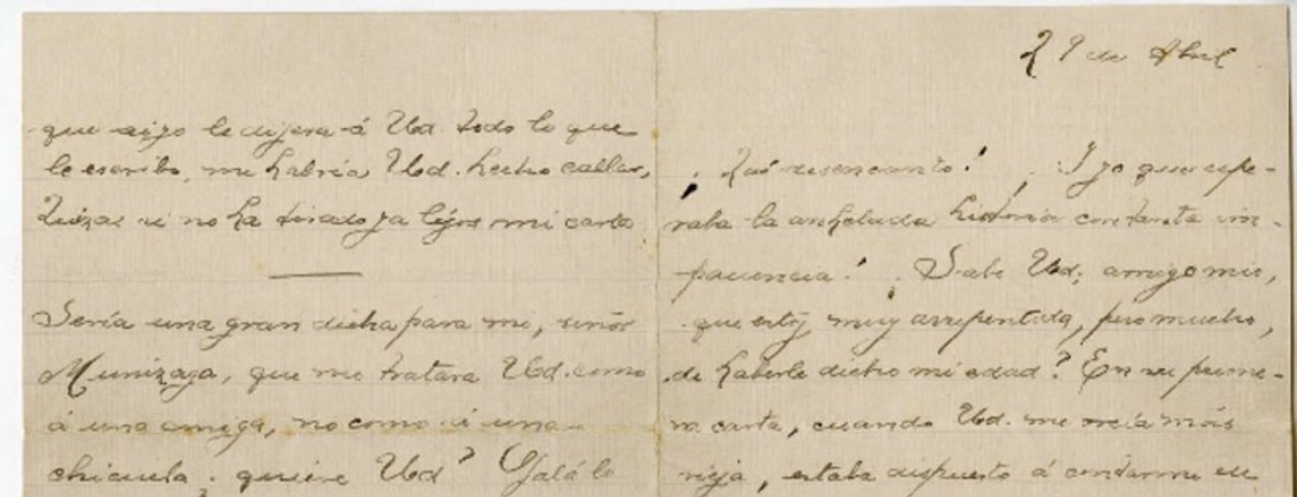 [Carta] [1914] abril 29, Santiago, Chile [a] Julio Munizaga  [manuscrito] María Monvel.