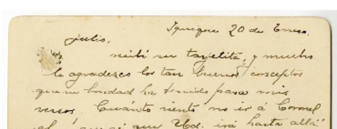 [Carta] [1914] enero 20, Iquique, Chile [a] Julio Munizaga  [manuscrito] María Monvel.