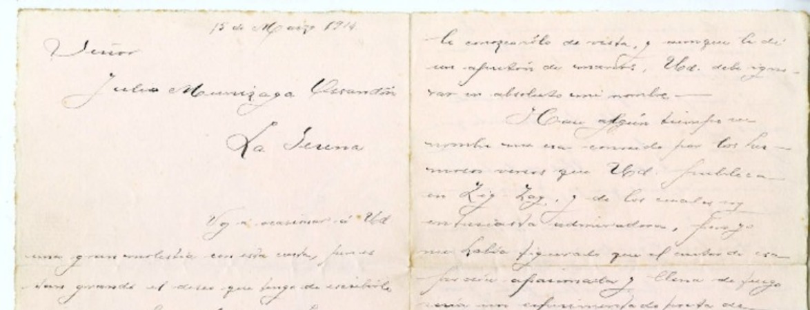 [Carta] [1914] marzo 15, Santiago, Chile [a] Julio Munizaga  [manuscrito] María Monvel.