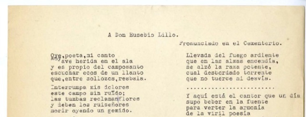 A don Eusebio Lillo  [manuscrito] Antonio Orrego Barros.