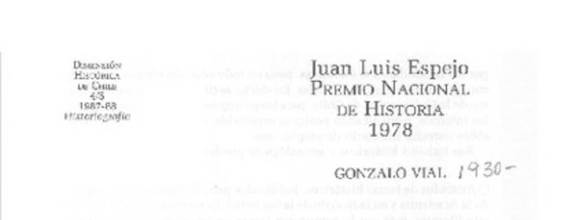 Juan Luis Espejo, Premio Nacional de Historia 1978  [artículo] Gonzalo Vial.